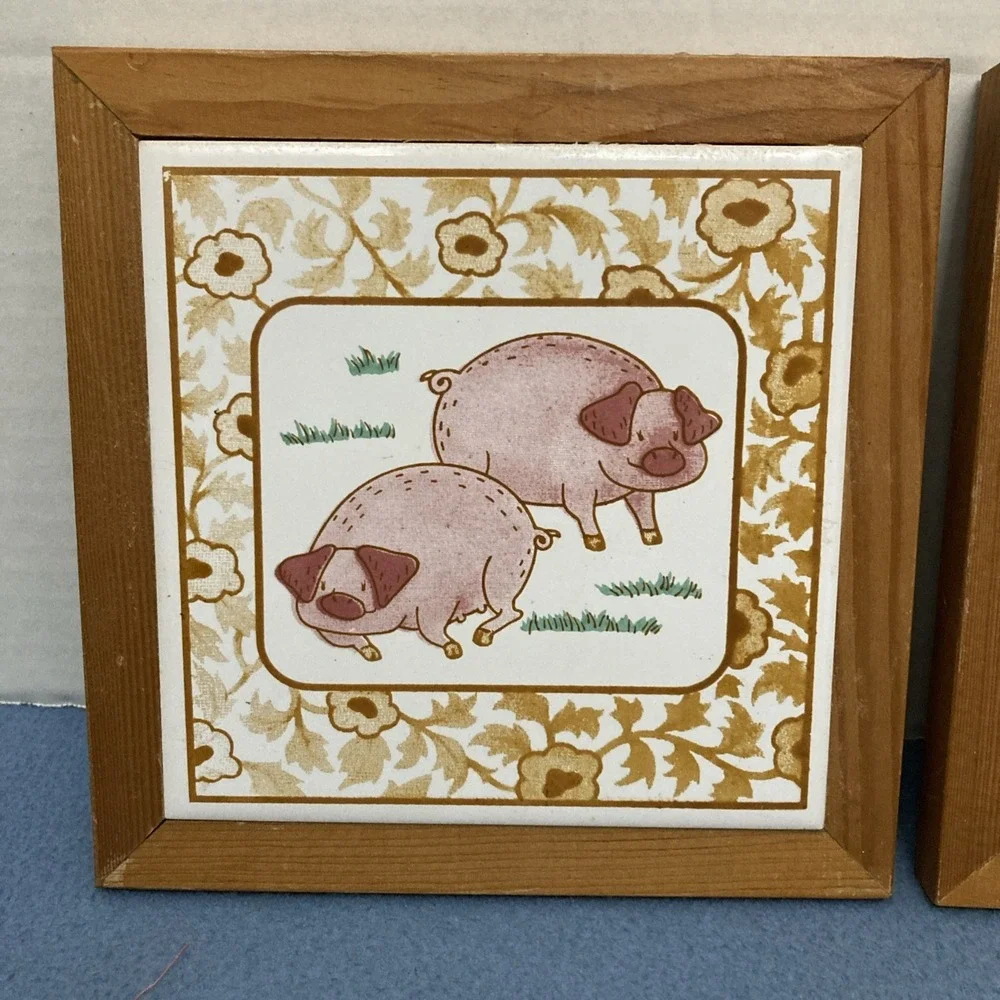 Farmhouse Decor Framed Whimsical Animal Painted Tiles - Set of 2: 1 Pigs 1 Ducks